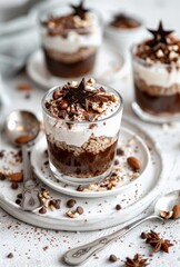 Luxurious layered chocolate and cream dessert in a glass, garnished with nuts, chocolate stars, and dusted with cocoa, set against a light elegant background.