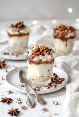 Festive dessert glasses layered with rice pudding, caramel drizzle, and nut toppings, set on a white plate with bokeh lights in the background...