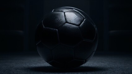Black soccer ball in a dark room, background concept for sport and football
