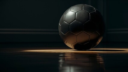 Black soccer ball in a dark room, concept design, background, poster, backdrop for sport and football, Euro 2024