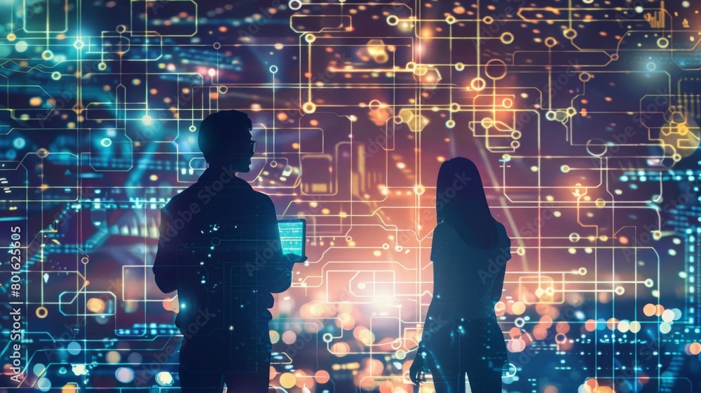 Poster Two individuals are standing in front of a digital backdrop, possibly discussing or interacting with the technology.