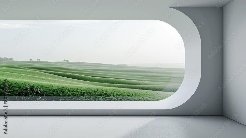 Poster a window in a white room with a view of a field