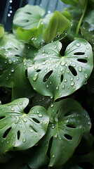 Monstera leaves in the rain, plant shower for home care