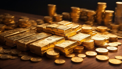 A stack of gold bars and gold coins on a table