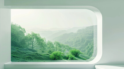 A window with a view of a forest and mountains