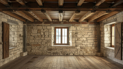 View of a room without furniture, showcasing rustic stone walls and wooden beam ceilings, oblique perspective