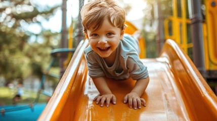 happy preschooler boy playing on a slide on the playground in summer