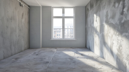 Perspective view of a small, empty urban apartment room with a single large window and plastered walls, oblique angle