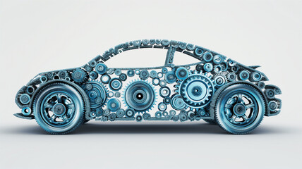 A concept car composed entirely of intricate blue gears and cogs, symbolizing innovation and mechanical creativity against a plain background. - obrazy, fototapety, plakaty