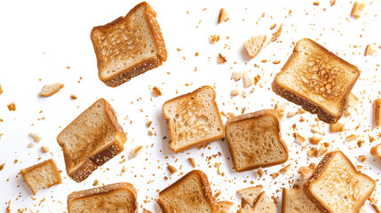 Dynamic image of toast pieces soaring upwards, crisply captured against a stark white background