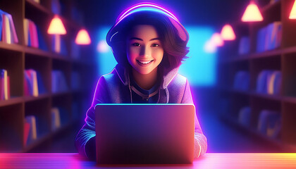 student using laptop in library
