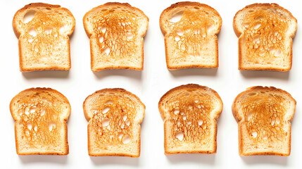 Multiple slices of golden-brown toast captured in various stages of ascent, isolated on white