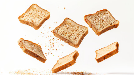 Several slices of toasted bread flying mid-air, isolated on a white background