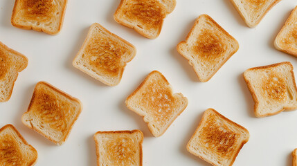 Crispy toasted bread slices seemingly levitating, arranged diagonally across a white backdrop