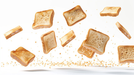 Sequence of flying toast slices captured in a frozen motion effect, clean white background
