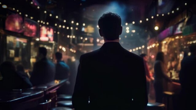 A man in a sharp suit stands observing the lively scene of a bustling night market, surrounded by warm glowing lights and the buzz of urban nightlife