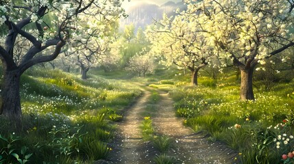 Sunny Orchard Pathway, Blossoming Trees and Fresh Spring Greens. Tranquil Nature Scene, Ideal for Relaxation and Wall Art. Ethereal Light Bathing Peaceful Landscape. AI