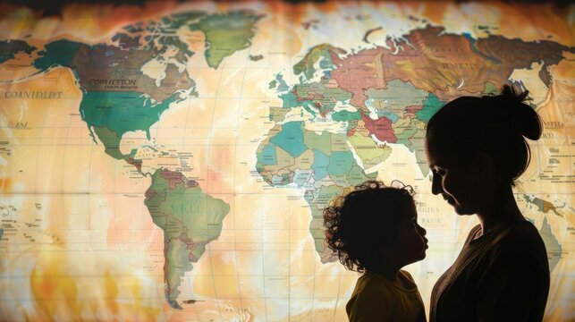 Two individuals standing in front of a large map, examining and discussing locations.