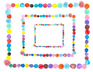 Colorful paint dots on white background. Hand painted colorful frame border made of watercolor dots.
