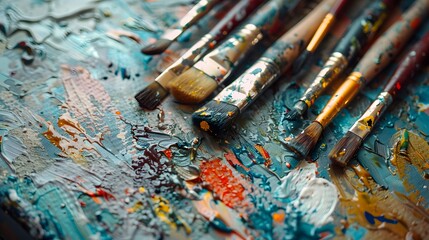 A set of brushes above a painting.