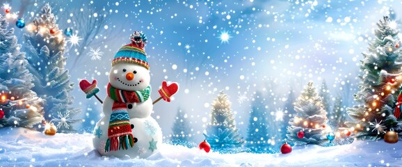 Festive Winter Wonderland with Cheerful Snowman and Snowfall. Charming Holiday Scene for Greetings. Vivid and Bright, Perfect for Seasonal Projects. AI