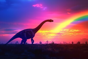  Photograph of a Diplodocus bathed in the warm glow of a sunset, with golden light illuminating its long body against a backdrop of towering mountains and colorful skies