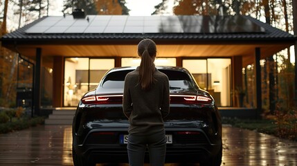 A woman stands in front of a black car with a blue license plate