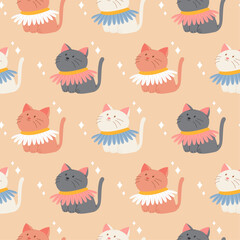 Seamless pattern with a cute cats in a collar made of daisy. Colorful cartoon character. Vector illustration in flat style on background with stars.