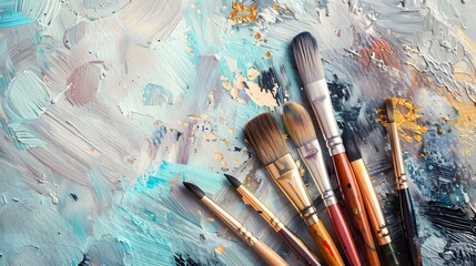 Fototapeta premium A set of brushes above a painting.