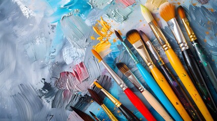 Obraz premium A set of brushes above a painting.