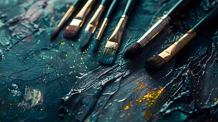 A set of brushes above a painting.