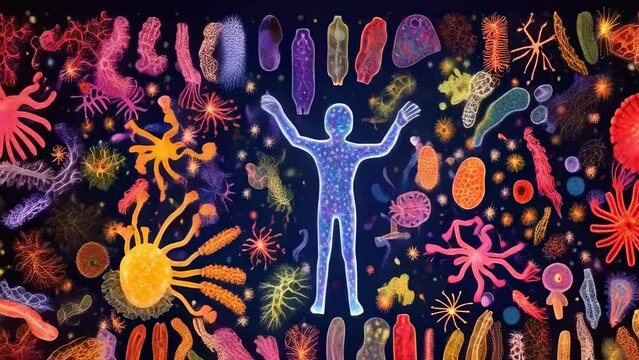 A colorful representation of a human figure surrounded by various microbes, illustrating the diverse and unseen world of microorganisms that live on and around us. The human immune defense system