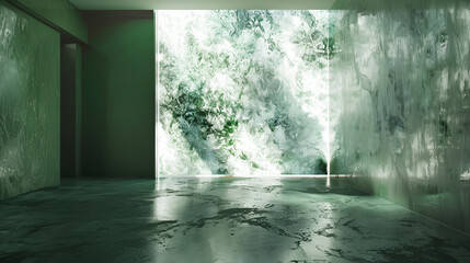 An empty room featuring a green wall and marble floor