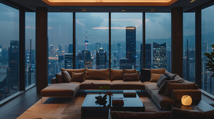 A luxurious penthouse apartment with a sleek minimalist sofa, a low-profile coffee table, and a...