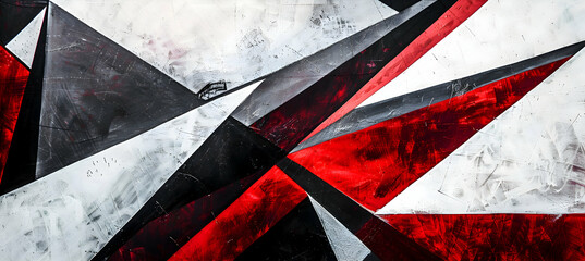 High-definition camera-like capture of a bold and dramatic abstract design featuring sharp angles and lines in red, black, and white