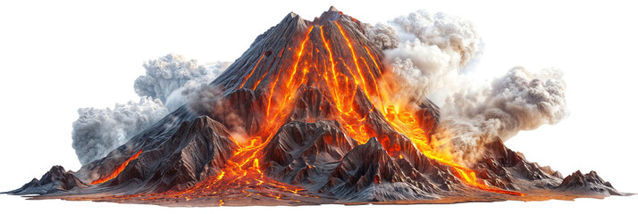 A volcano eruption with hot lava flowing out of the crater, isolated on a white background