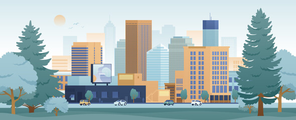 Vector illustration of downtown and park with trees. Urban cityscape with buildings and skyscrapers. Green city graphic landscape with street traffic.