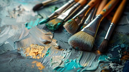 Fototapeta premium A set of brushes above a painting.