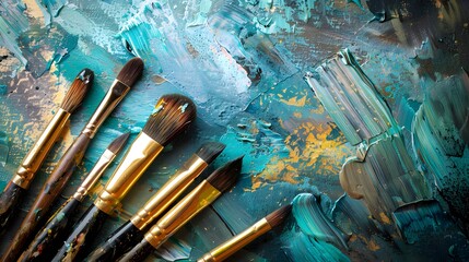 Fototapeta premium A set of brushes above a painting.