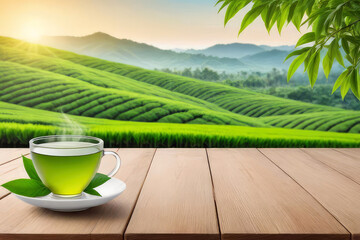 Cup of hot green tea on wooden table on a blurred tea plantations background.Banner for design, display or montage your products.Generative AI  - obrazy, fototapety, plakaty