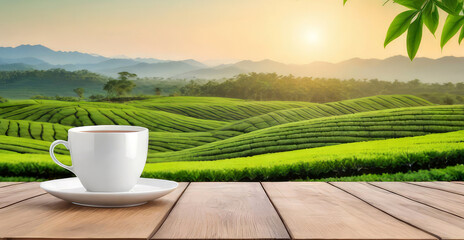 Cup of hot tea on wooden table on a green blurred tea plantations background.Banner for design, display or montage your products.Generative AI  - obrazy, fototapety, plakaty