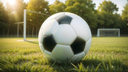 Soccer ball on the field with green grass and blue sky background