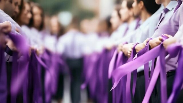 A powerful display of unity with hands holding purple ribbons, signifying solidarity and support for causes represented by this symbol