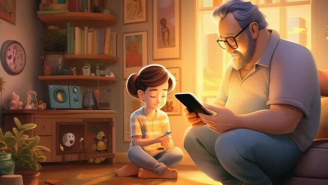 illustration heartwarming scene of a grandfather and granddaughter sharing a moment of learning and discovery over a tablet in a room filled with warm sunlight. Technology training for the elderly
