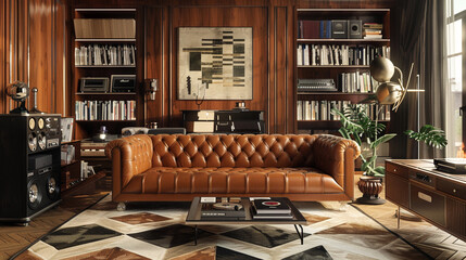 A mid-century modern-inspired den with a tufted leather sofa, a geometric-patterned rug, and a vintage record player
