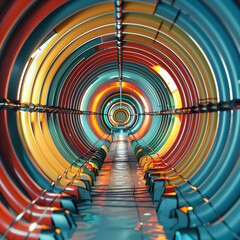 A vibrant, futuristic tunnel with concentric rings of glowing colors, leading to a distant illuminated end.