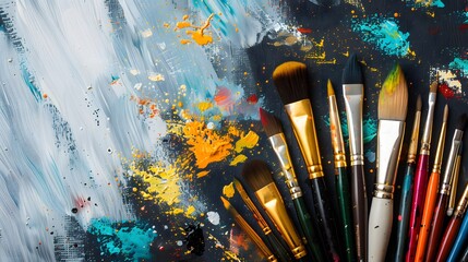 Obraz premium A set of brushes above a painting.