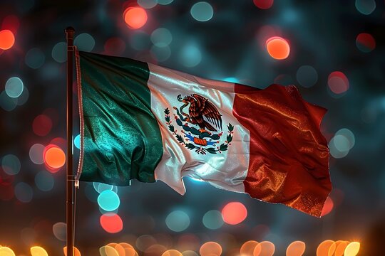 La bandera de Mexico ondeando en la noche por las fiestas patrias al fondo luces boken. Dia de la independencia de Mexico 