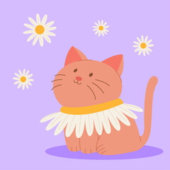 Cute cat in a collar made of daisy. Colorful cartoon character. Vector illustration in flat style on a violet background with daisies.