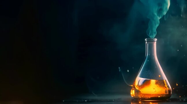 Flask with orange substance and smoke on dark background